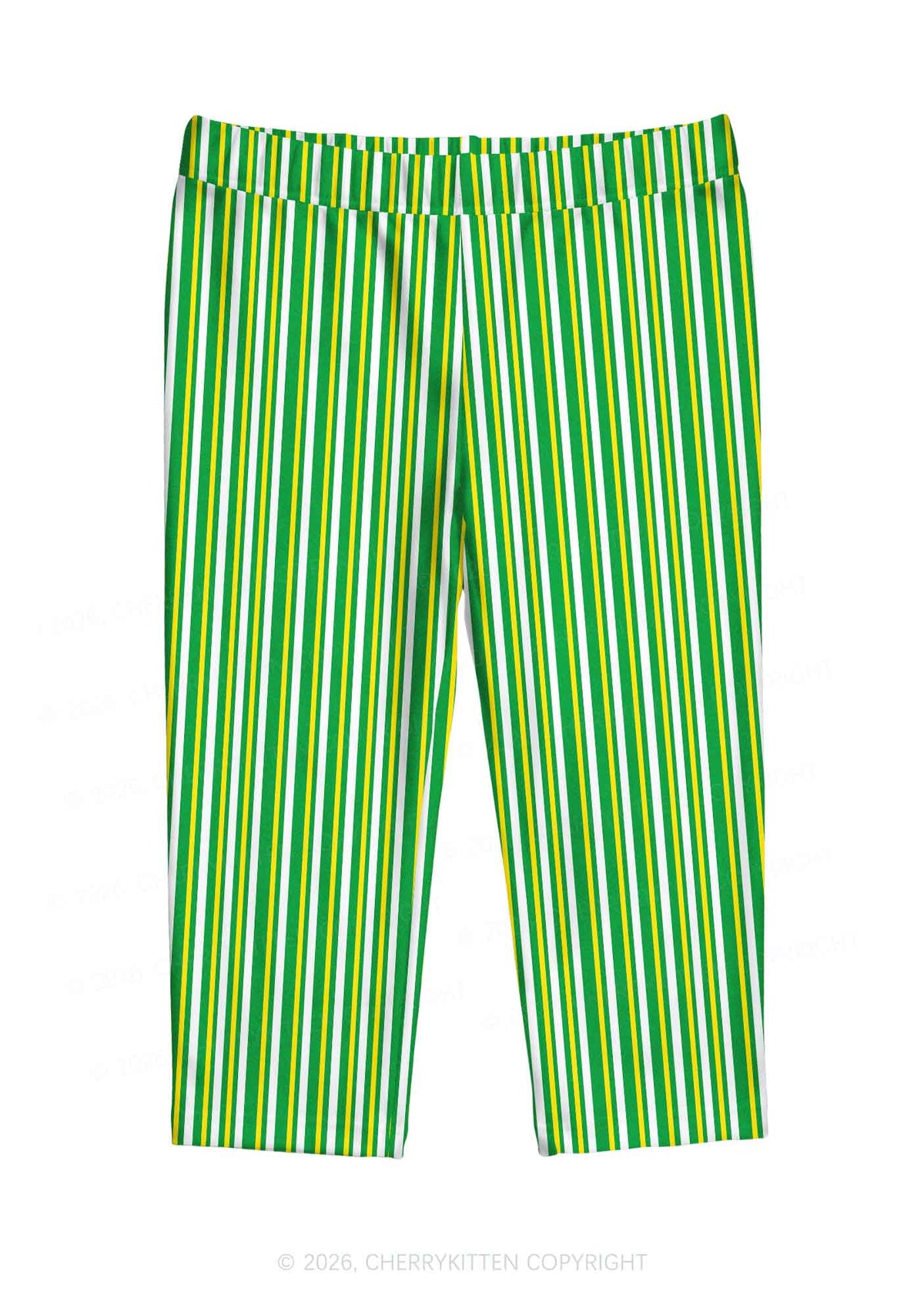 Yellow Green White Stripes Y2K Print Capri Pants Cherrykitten