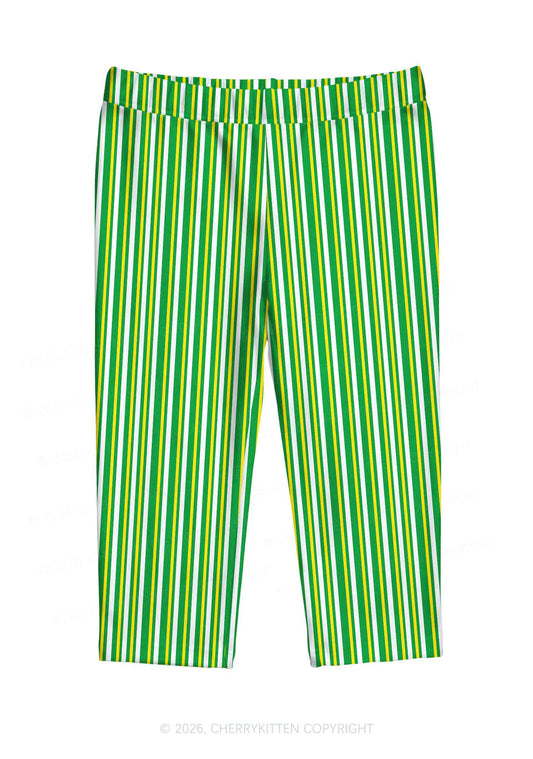 Yellow Green White Stripes Y2K Print Capri Pants Cherrykitten