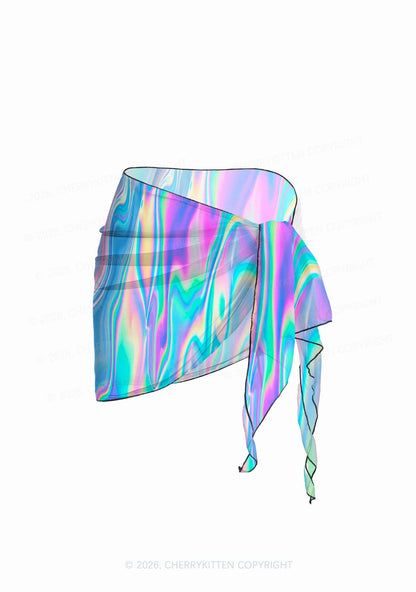Holographic Iridescent Swirl Y2K Print Bikini Set Cherrykitten