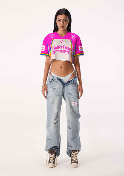 Hot Pink Dots Suffer From Gay Thoughts Pride Y2K Crop Sport Jersey Shirts Cherrykitten