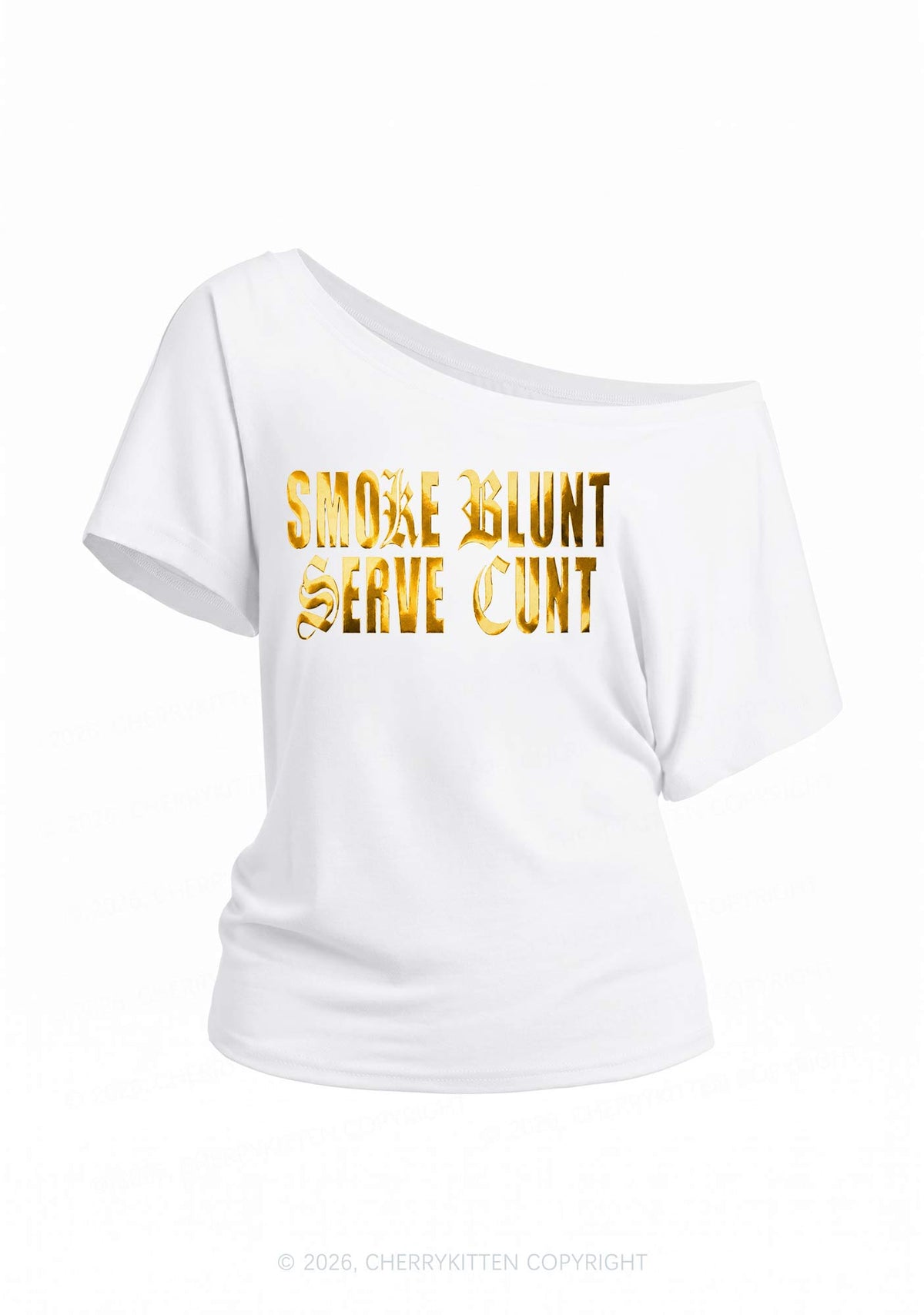 Smoke Blunt Silver Foil Printed Y2K Off Shoulder Tee Cherrykitten