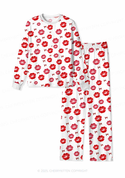 Red Lips Bows Y2K Print Long Sleeve Pajama Set Cherrykitten