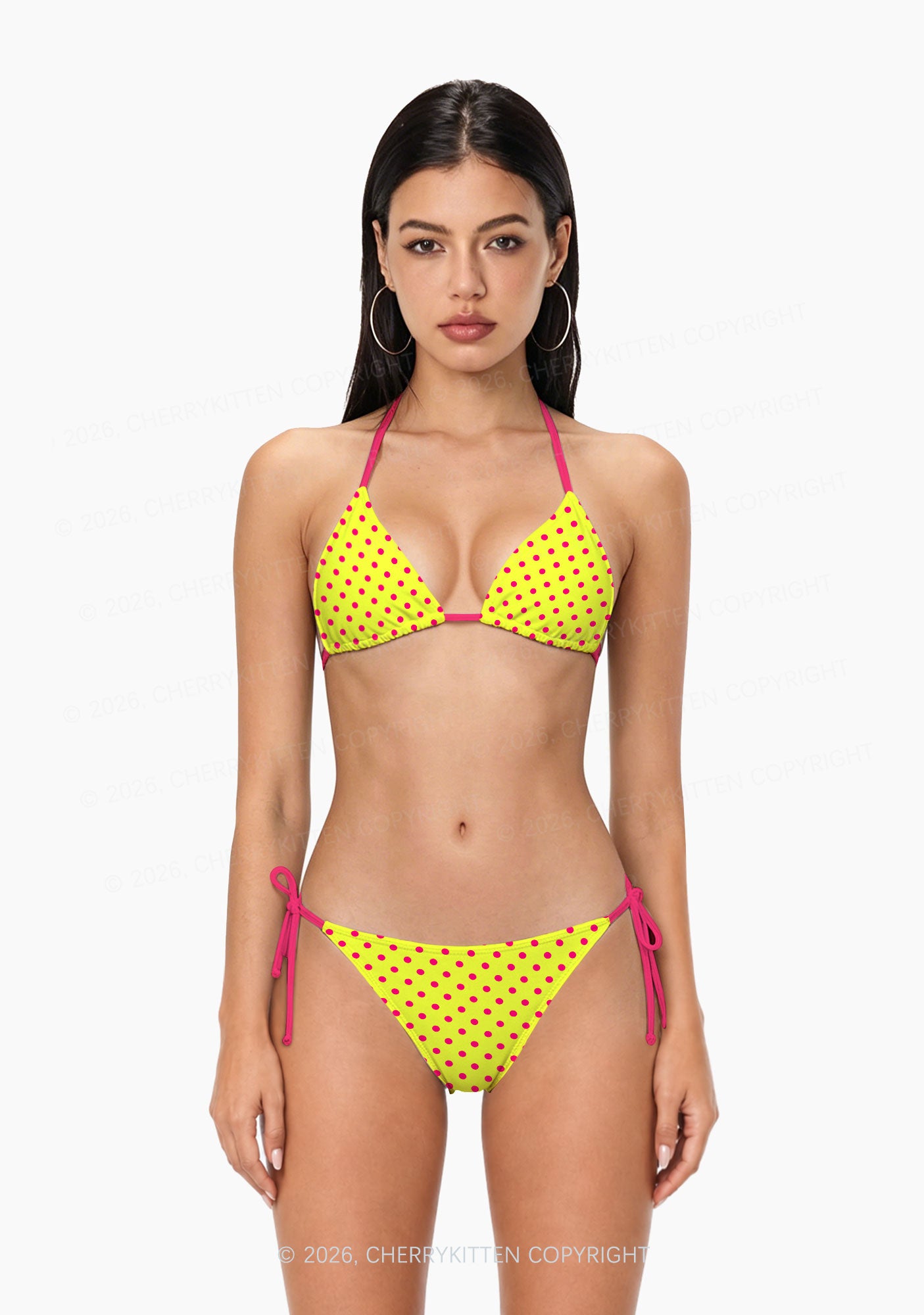 Hot Pink Dots On Yellow Y2K Print Bikini Set Cherrykitten