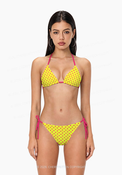 Hot Pink Dots On Yellow Y2K Print Bikini Set Cherrykitten
