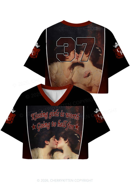 Lesbian Kissing Girls Is Worth Pride Y2K Crop Sport Jersey Shirts Cherrykitten