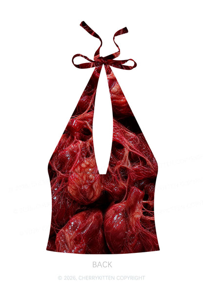 Red Anatomical Hearts Y2K Print Halter Deep V Neck Cami Cherrykitten