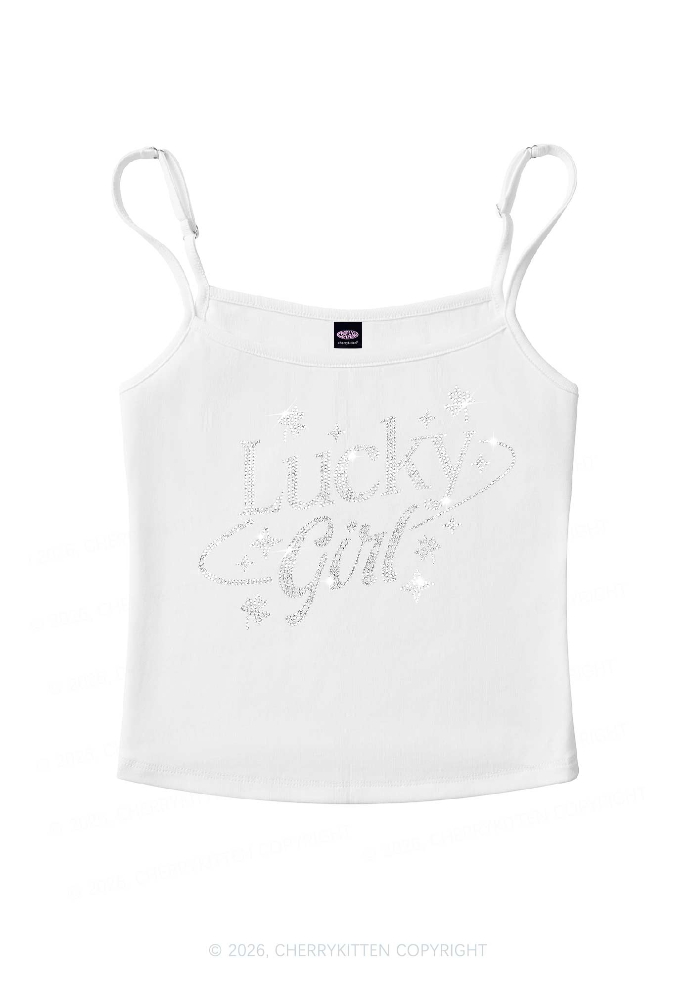 Rhinestone Lucky Girl St Patricks Y2K Spaghetti Strap Cami Cherrykitten