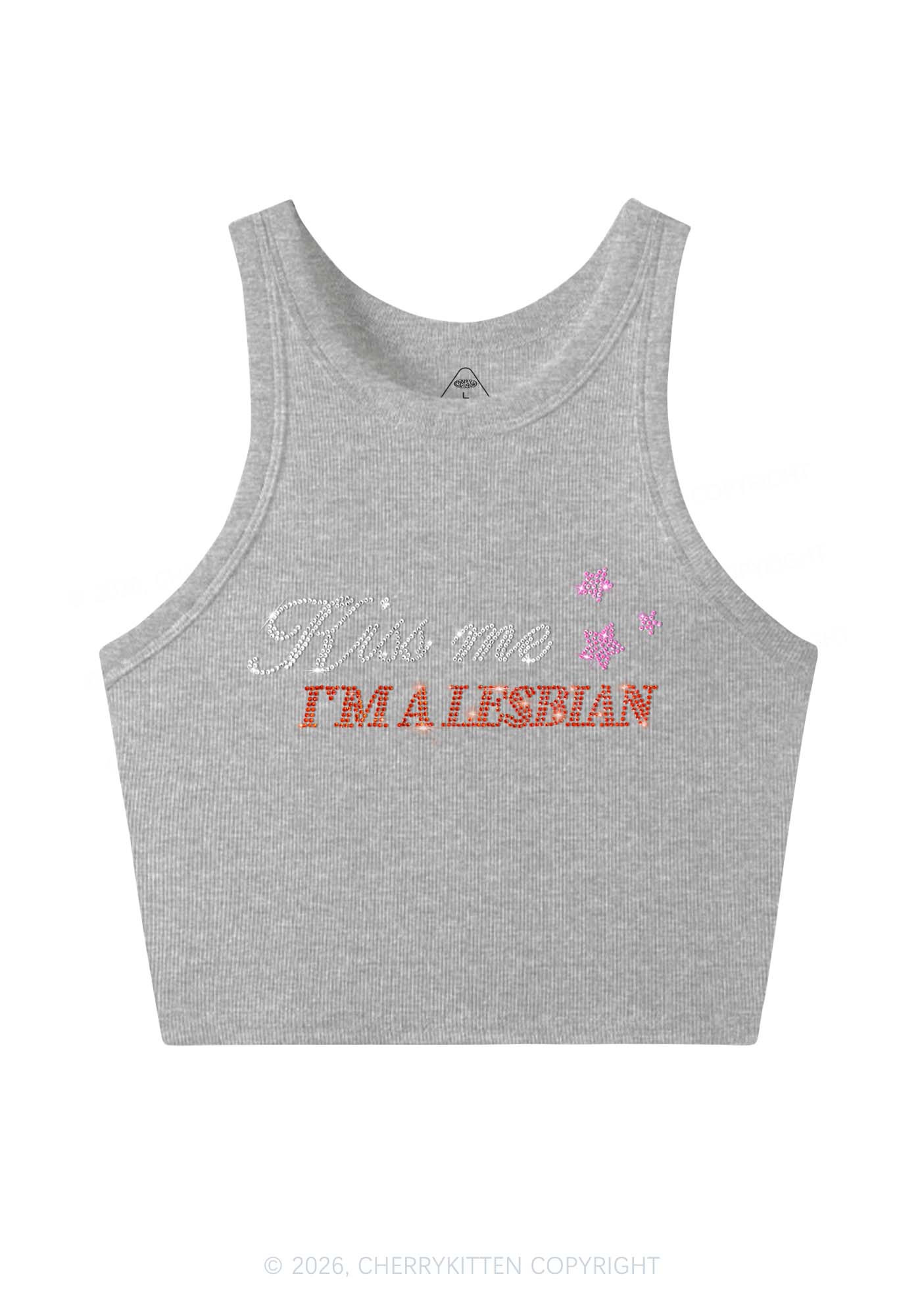 Rhinestone Kiss Me Im A Lesbian Pride Y2K Crop Tank Top Cherrykitten
