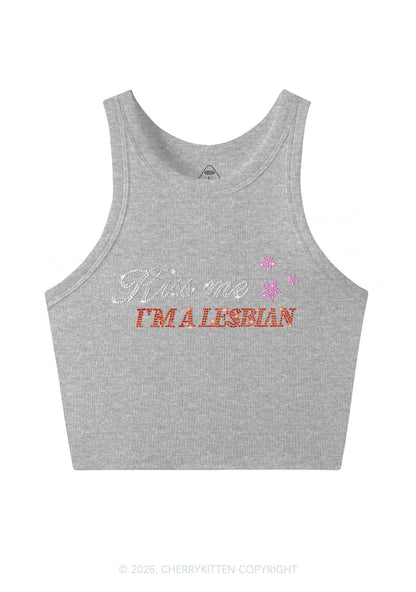 Rhinestone Kiss Me Im A Lesbian Pride Y2K Crop Tank Top Cherrykitten