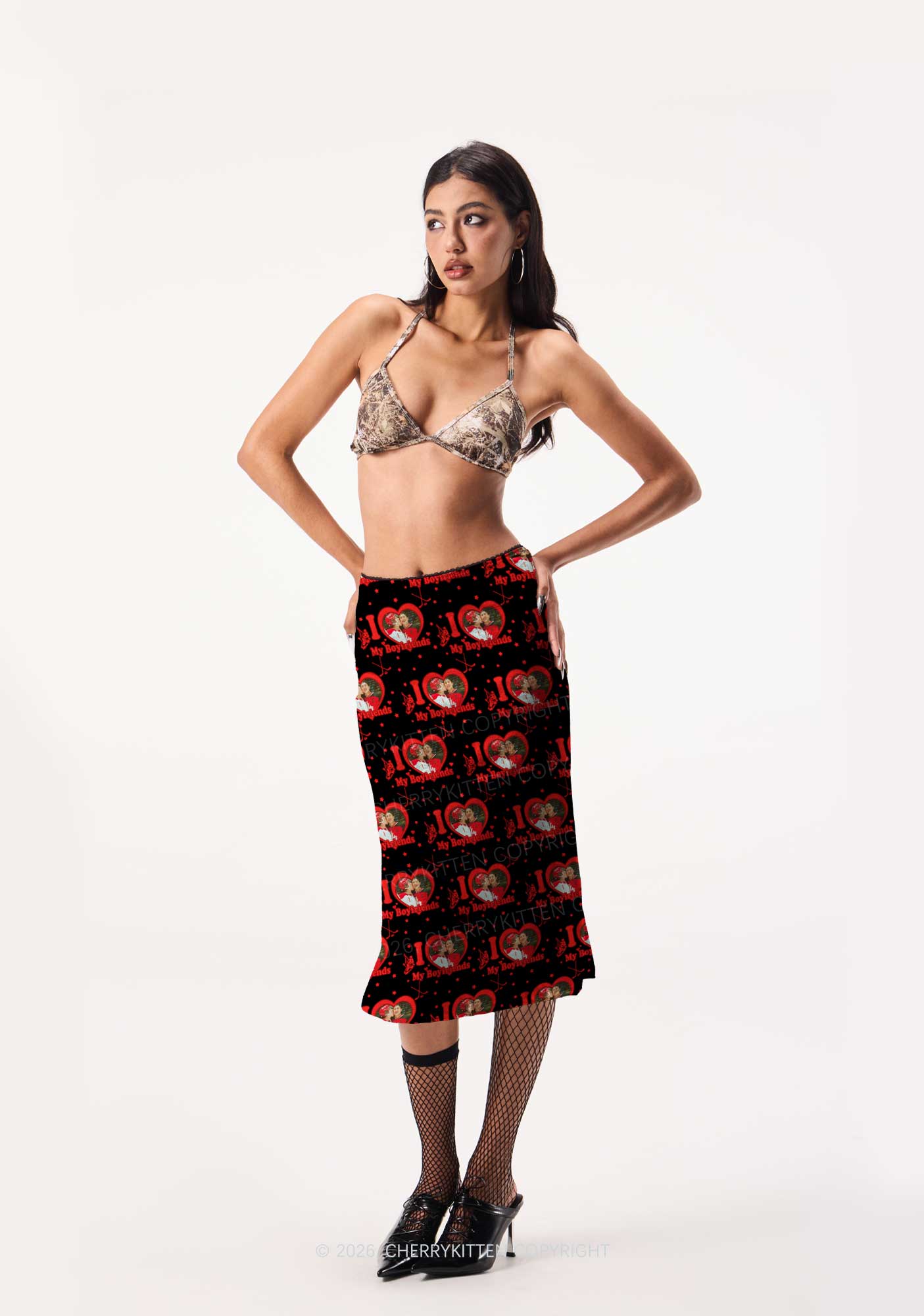 I Love My BF HR Y2K Print Midi Skirt Cherrykitten