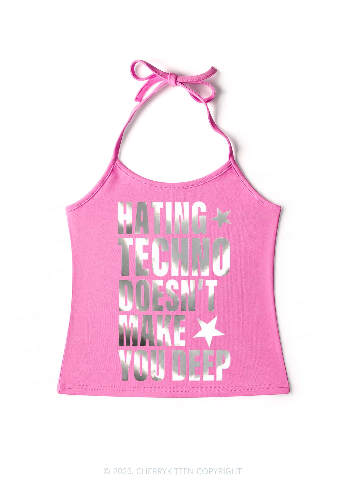 Hating Techno Silver Foil Printed Y2K Halter Neck Cami Cherrykitten