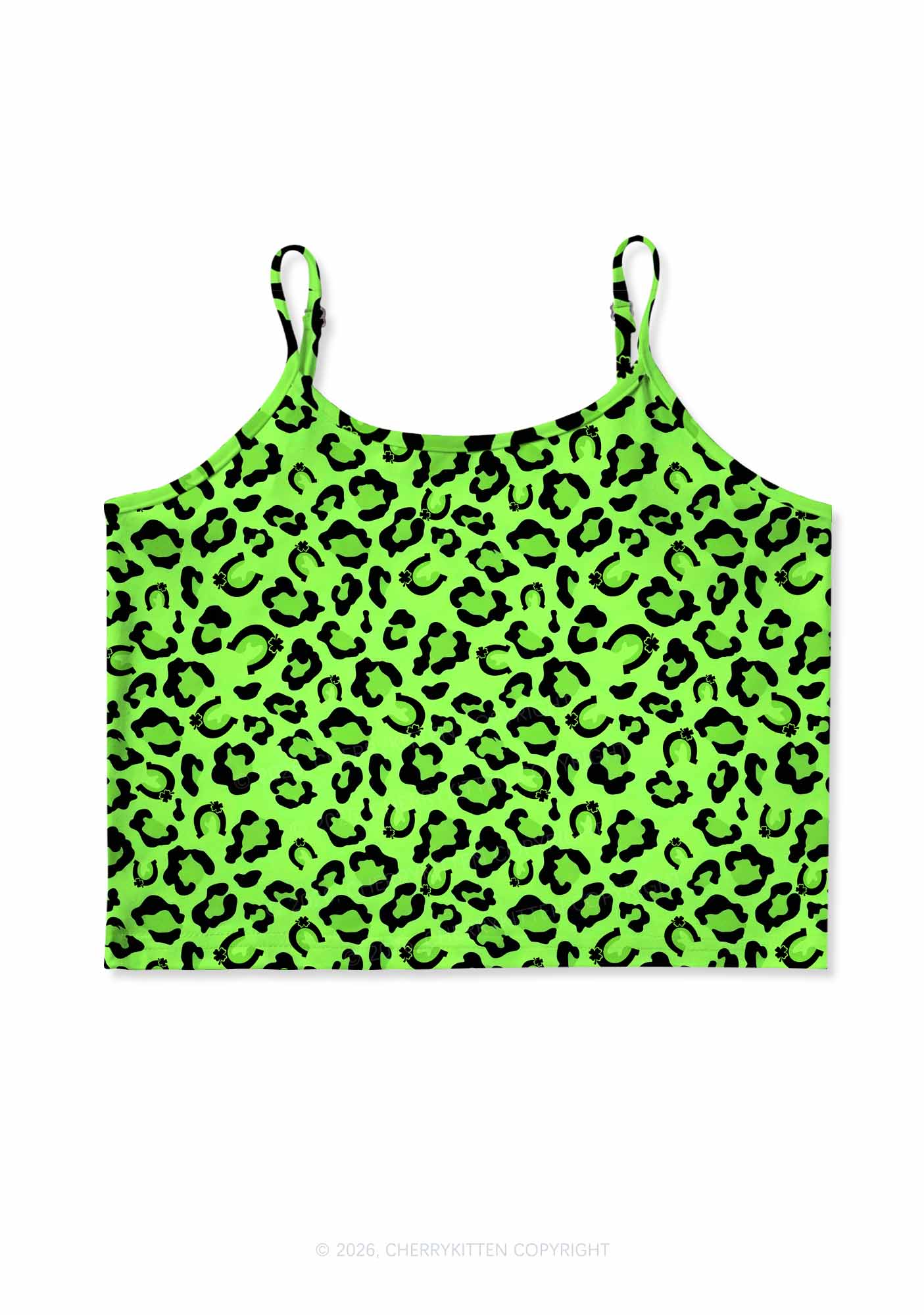 Fluorescent Green Leopard St Patricks Y2K Print Cami Crop Top Cherrykitten