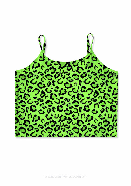 Fluorescent Green Leopard St Patricks Y2K Print Cami Crop Top Cherrykitten