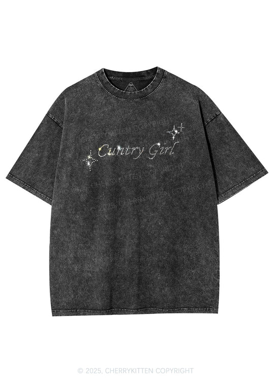 Rhinestone Cxxtry Girl Y2K Shirts Washed Tee Cherrykitten