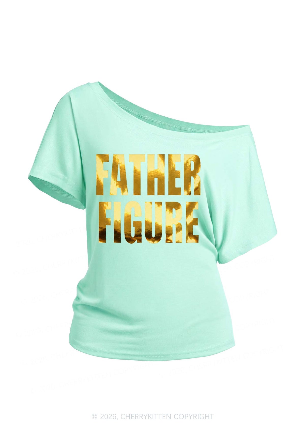 Father Figure Silver Foil Printed Y2K Off Shoulder Tee Cherrykitten