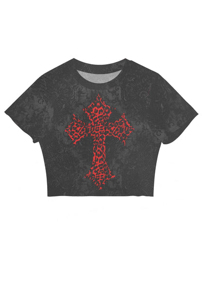 Dark Leopard Cross Y2K Mesh Crop Top Cherrykitten