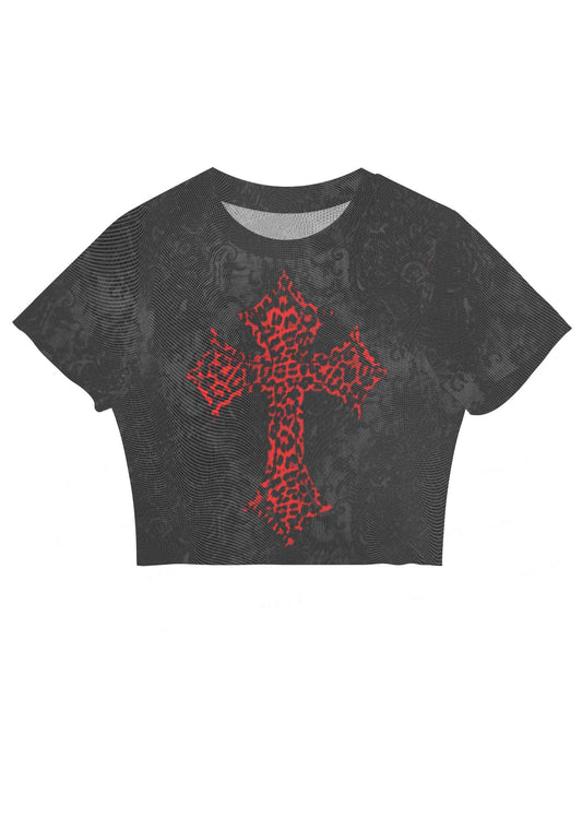 Dark Leopard Cross Y2K Mesh Crop Top Cherrykitten