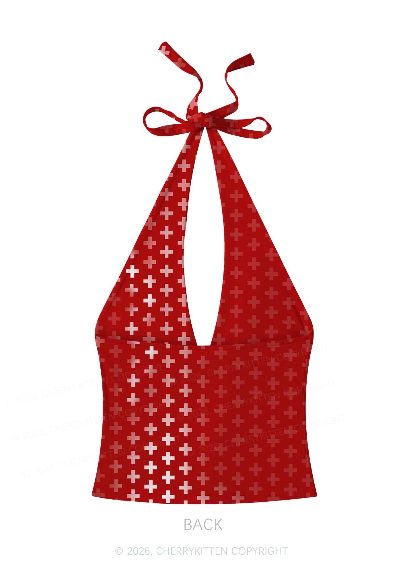 Red White Gradient Cross Y2K Print Halter Deep V Neck Cami Cherrykitten