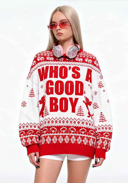 Whos A Good Boy Y2K Christmas Knit Sweatshirt Cherrykitten