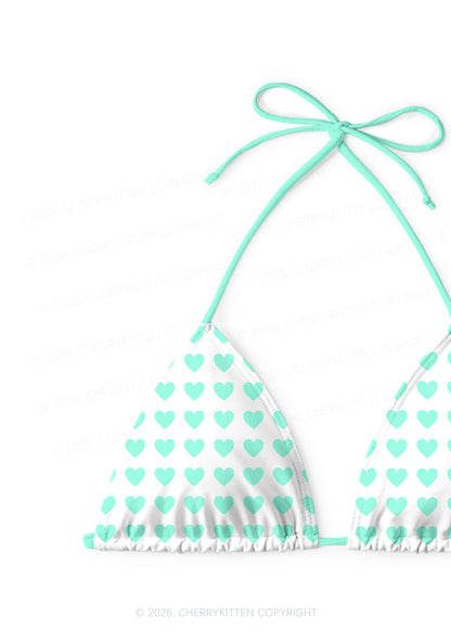 Mint Green Heart On White Y2K Print Bikini Set Cherrykitten