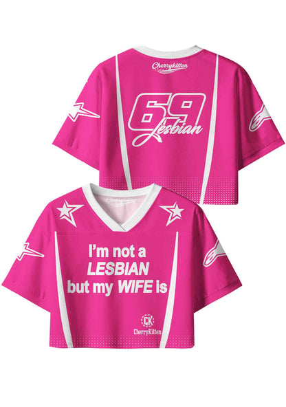 Im Not Lesbian But My Wife Is Pride Y2K Crop Sport Jersey Shirts Cherrykitten