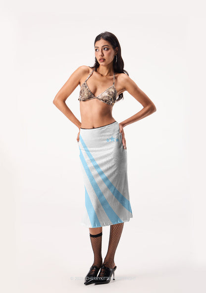 Three Stars Blue Stripes Y2K Print Midi Skirt Cherrykitten