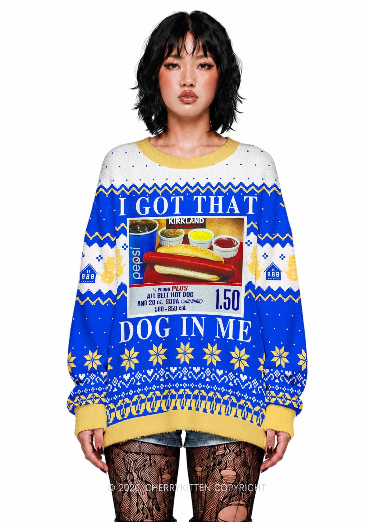 I Got That Hot Dog In Me Y2K Christmas Knit Sweatshirt Cherrykitten