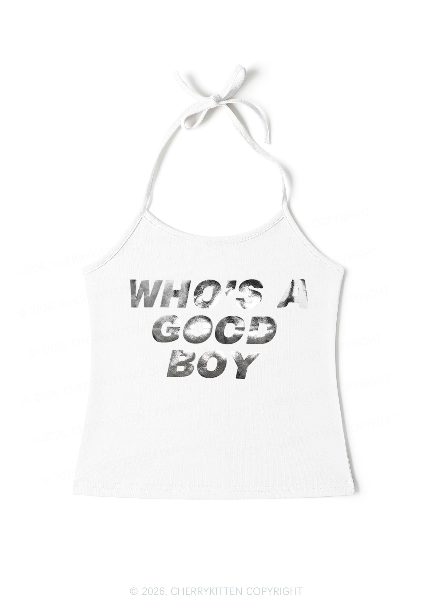 Whos A Good Boy Silver Foil Printed Y2K Halter Neck Cami Cherrykitten