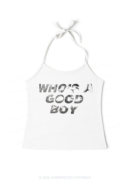 Whos A Good Boy Silver Foil Printed Y2K Halter Neck Cami Cherrykitten