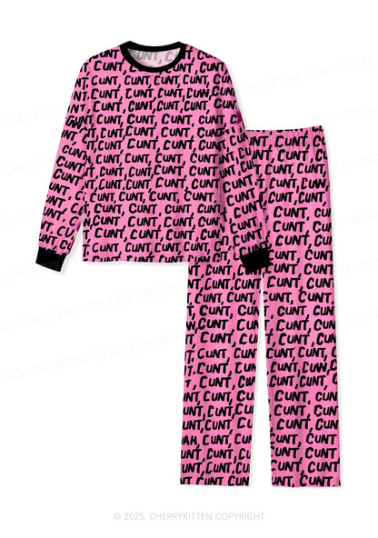 Black Cxxt On Pink Valentine's Day Y2K Print Long Sleeve Pajama Set Cherrykitten