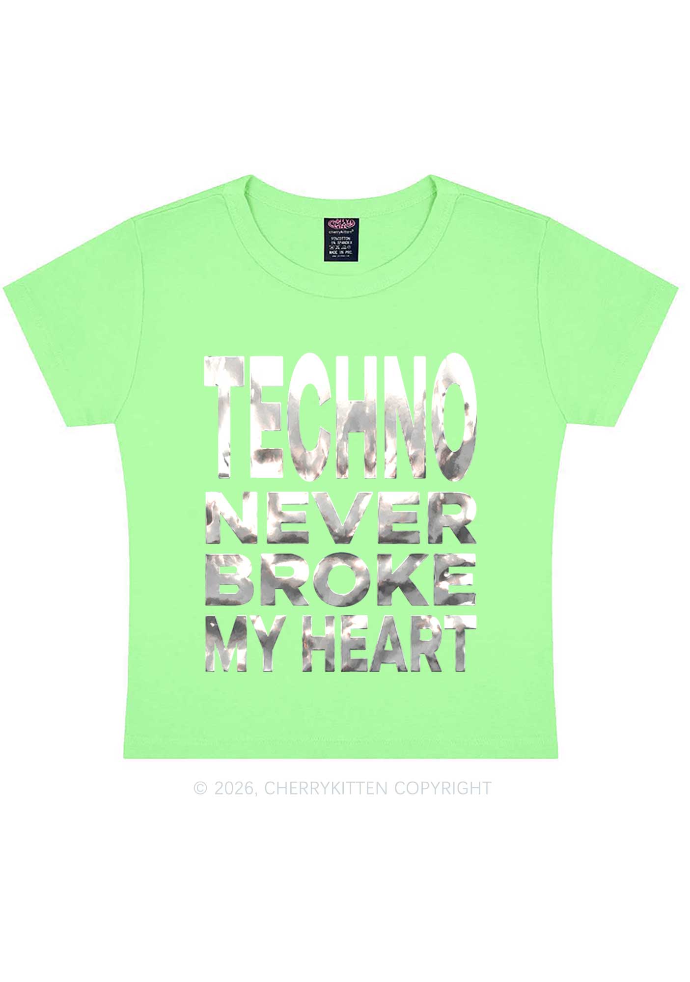 Techno Broke Heart Silver Foil Printed Y2K Baby Tee Cherrykitten