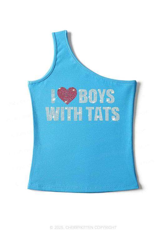 Rhinestone I Love Boys With Tats Y2K One Shoulder Tank Top Cherrykitten