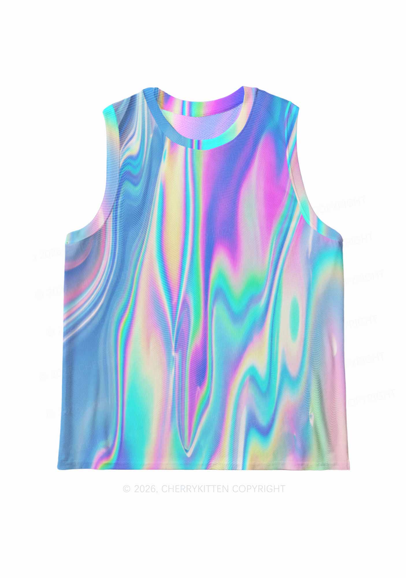 Holographic Iridescent Swirl Y2K Mesh Muscle Tank Cherrykitten