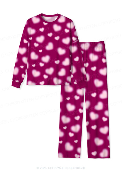 Pink Blurred Heart Valentine's Day Y2K Print Long Sleeve Pajama Set Cherrykitten