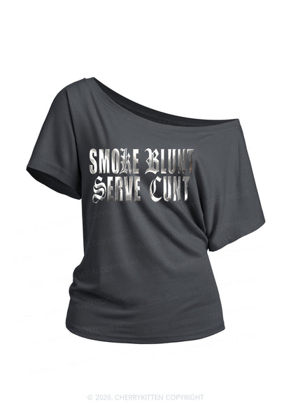 Smoke Blunt Silver Foil Printed Y2K Off Shoulder Tee Cherrykitten