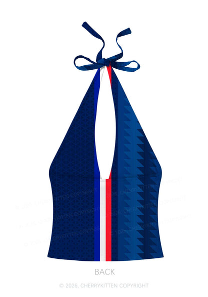 Red White Blue Stripe Y2K Print Halter Deep V Neck Cami Cherrykitten