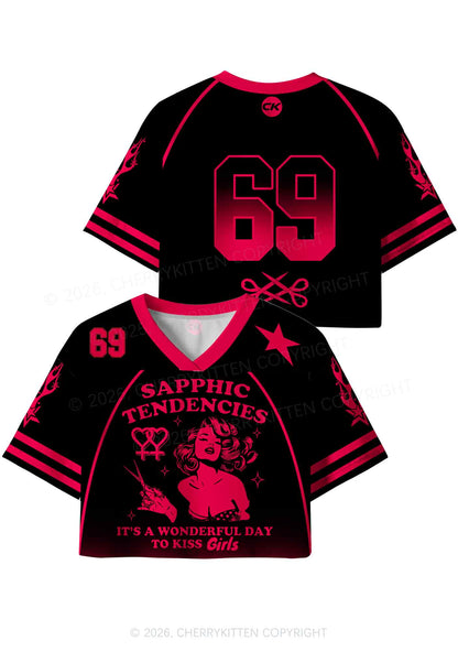 Sapphic Tendencies Kiss Girls Pride Y2K Crop Sport Jersey Shirts Cherrykitten