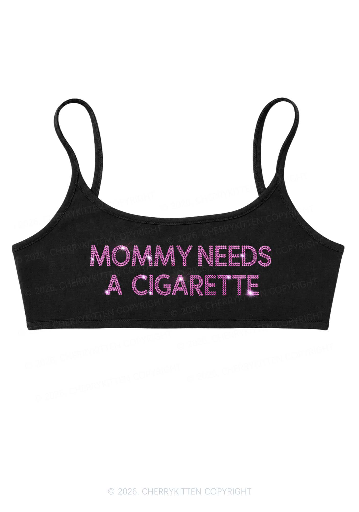 Rhinestone Mommy Needs Cigarette Y2K Super Crop Cami Cherrykitten