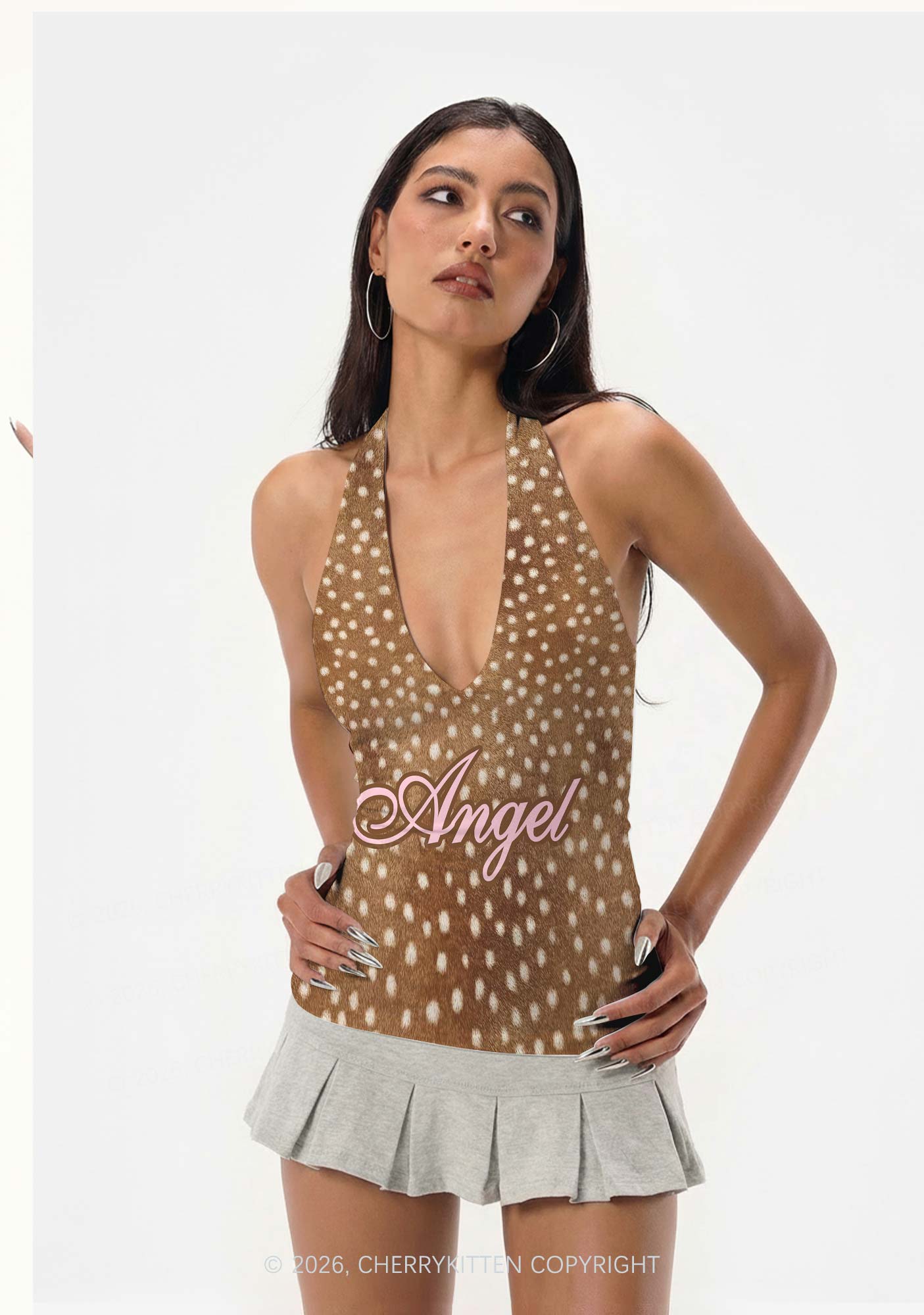 Angel Deer Spots Y2K Print Halter Deep V Neck Cami Cherrykitten
