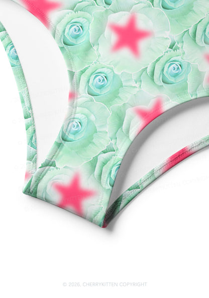 Mint Green Rose Pink Star Y2K Print Bikini Set Cherrykitten