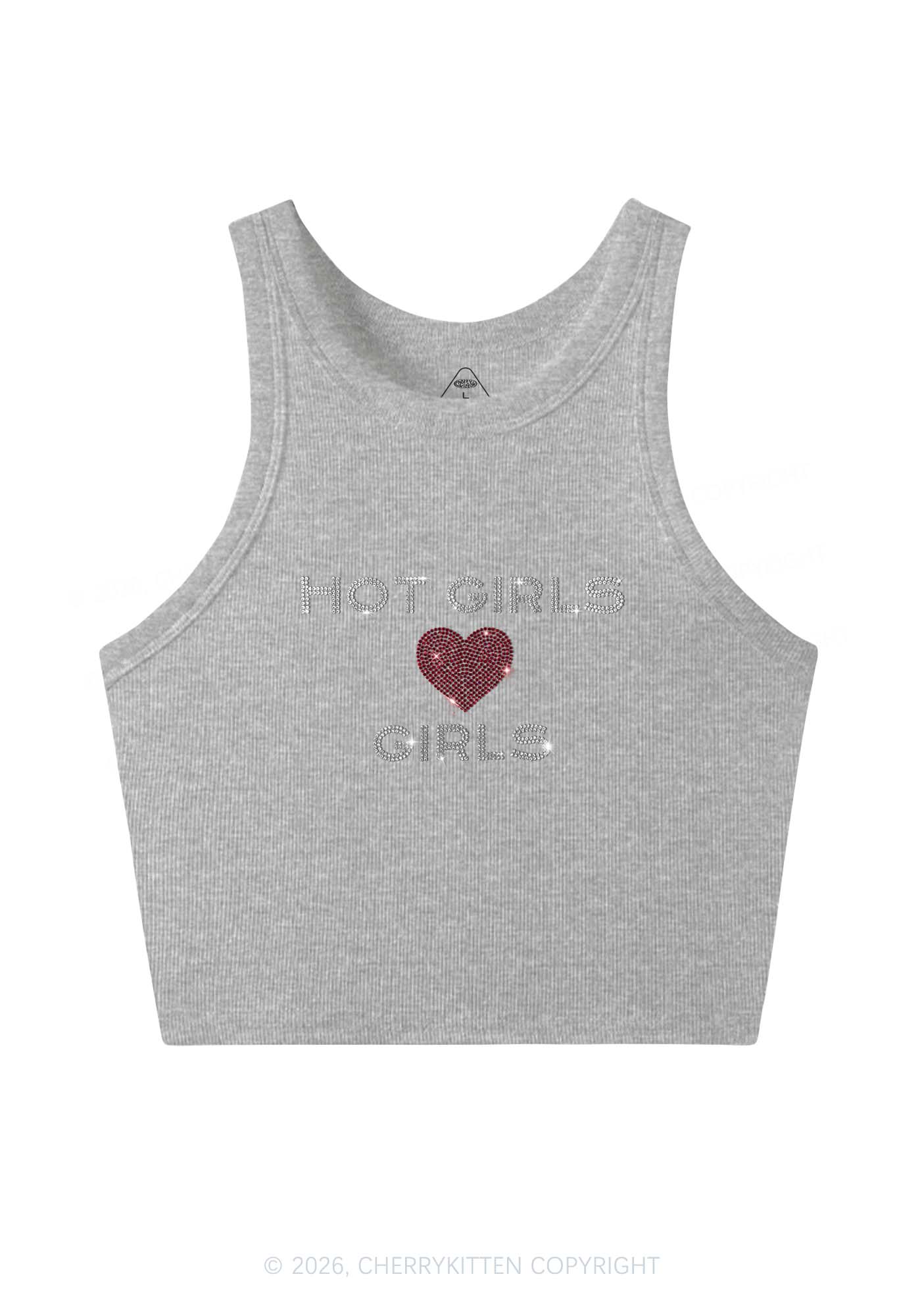 Rhinestone Hot Girls Love Girls Pride Y2K Crop Tank Top Cherrykitten