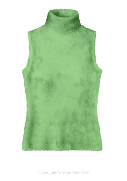 Plain Grass Green Y2K Knit Turtleneck Tank Top Cherrykitten