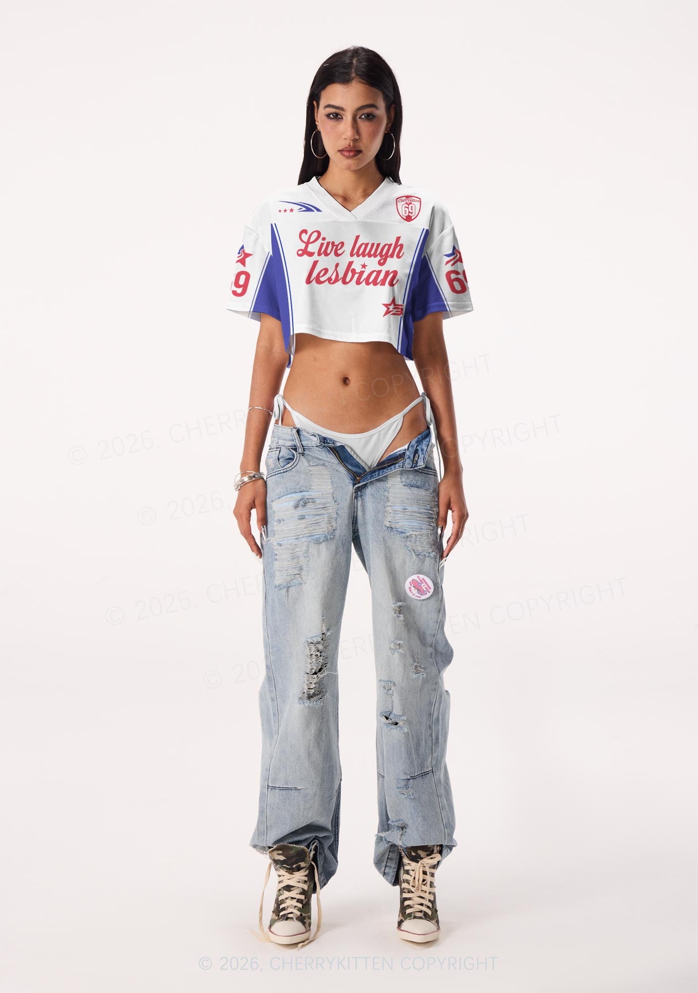 White Live Laugh Lesbian Pride Y2K Crop Sport Jersey Shirts Cherrykitten