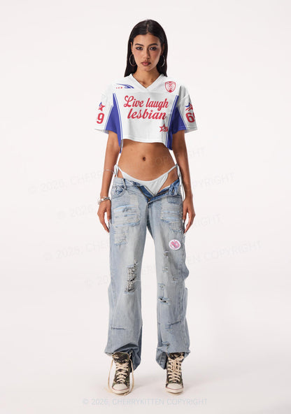White Live Laugh Lesbian Pride Y2K Crop Sport Jersey Shirts Cherrykitten