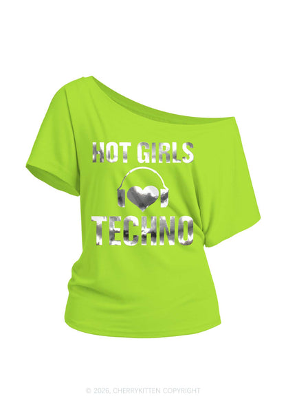 Hot Girls Love Techno Silver Foil Printed Y2K Off Shoulder Tee Cherrykitten