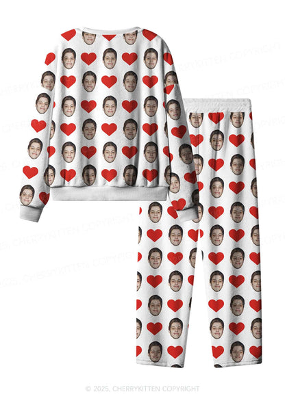 Custom White Hearts Photo Y2K Valentine's Day Y2K Fleece Long Sleeve Pajama Set Cherrykitten