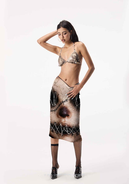 Halloween Metal Wire Face Y2K Print Midi Skirt Cherrykitten