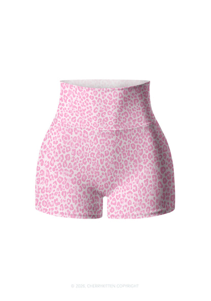 Pink Leopard Y2K Print Gym Shorts Cherrykitten