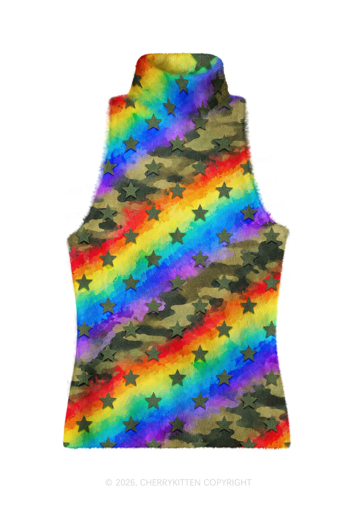 Rainbow Camo Star Y2K Knit Turtleneck Tank Top Cherrykitten