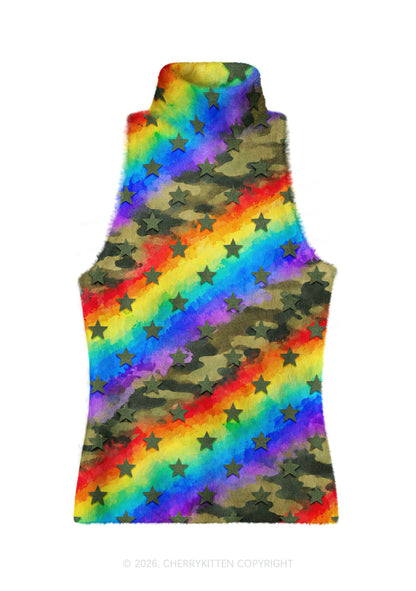 Rainbow Camo Star Y2K Knit Turtleneck Tank Top Cherrykitten